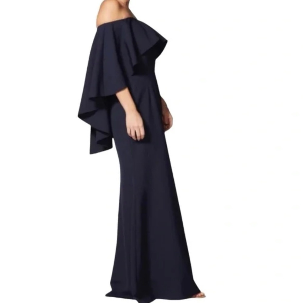 VINCE Camuto Navy Blue Off Shoulder Ruffle Cape Formal Gown Size 8 NWT $238 - Picture 6 of 10